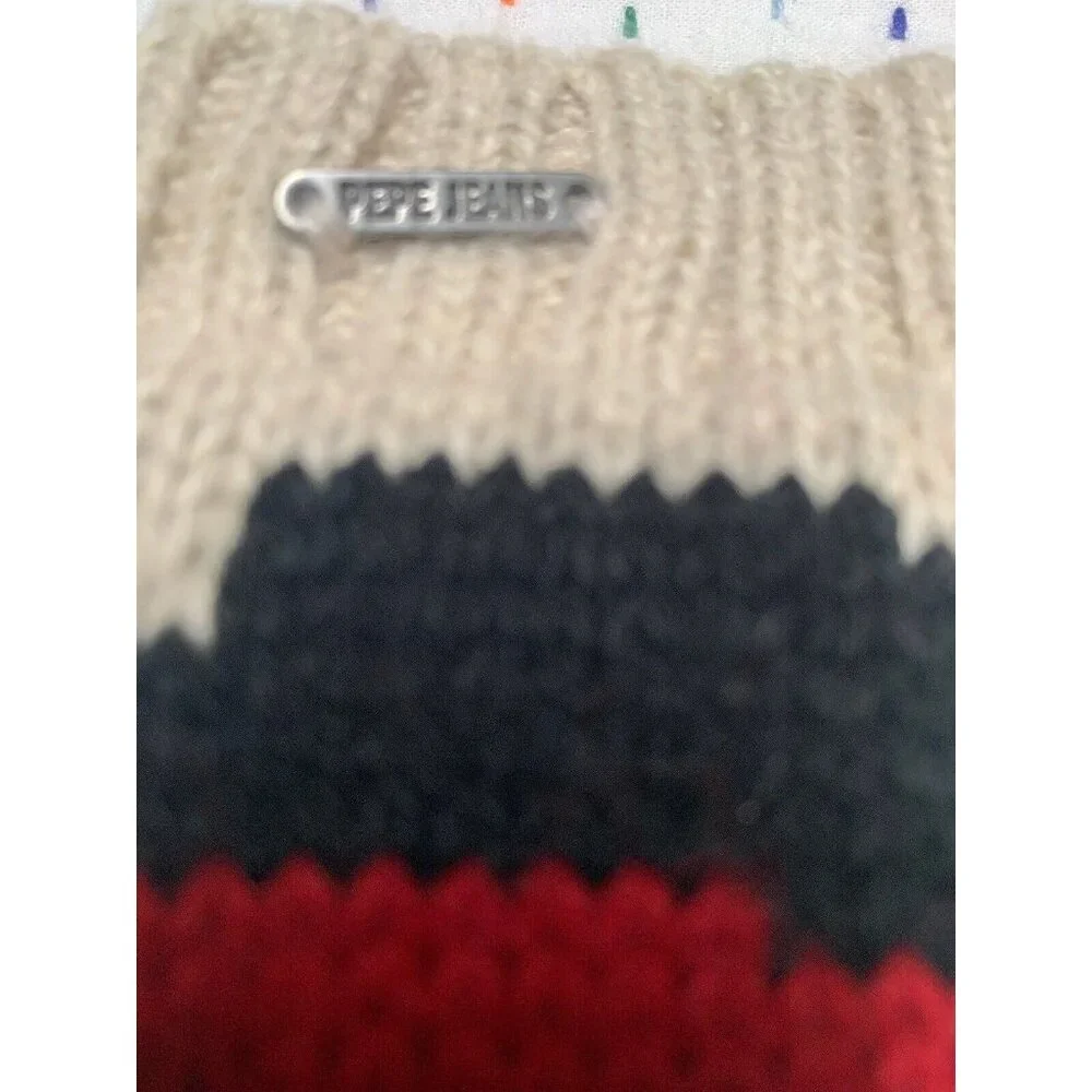 Pepe Jeans Rascals Gloves Ivory Red Black Knitted Ribbed Trim Hand Warmer Winter
